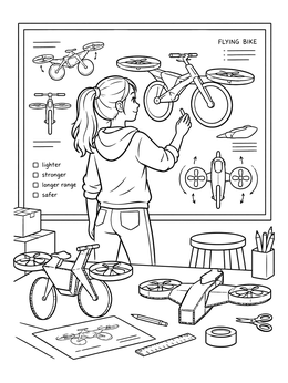 Free printable Girl Designing Flying Bicycle coloring page