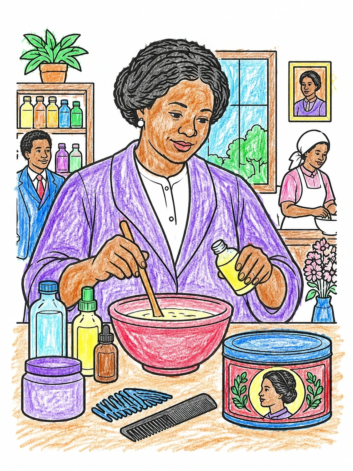 Colored example of the Madam C.J. Walker Mixing Hair Lotions coloring page