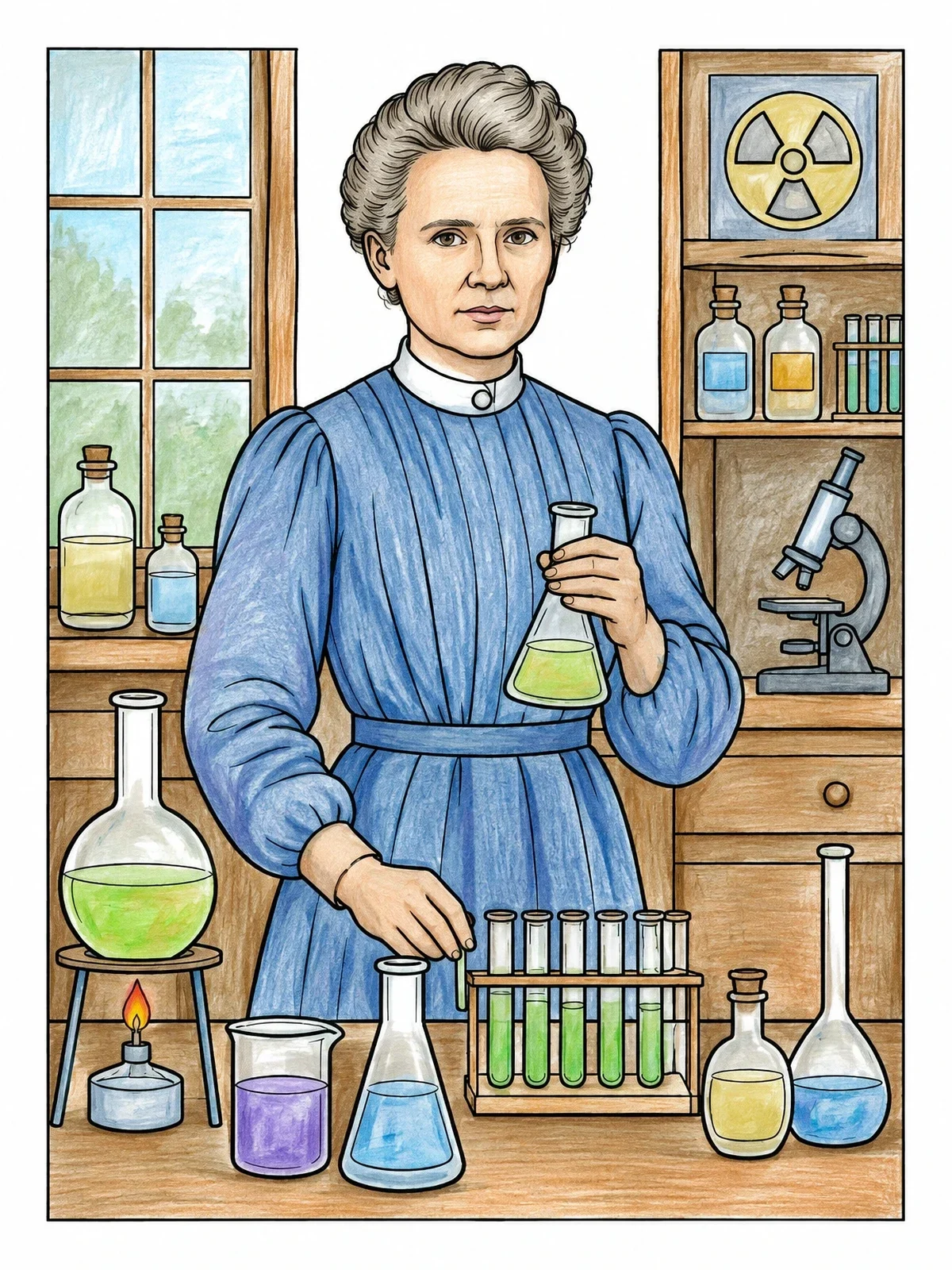 Colored example of the Marie Curie In Her Laboratory coloring page