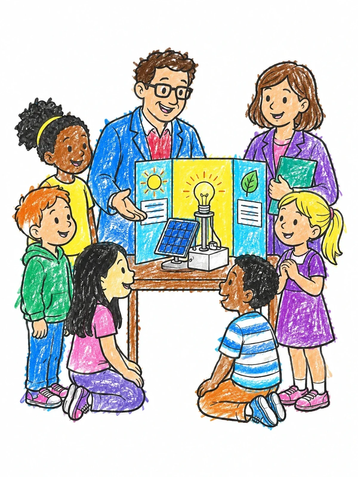Colored example of the School Science Fair Invention Display coloring page