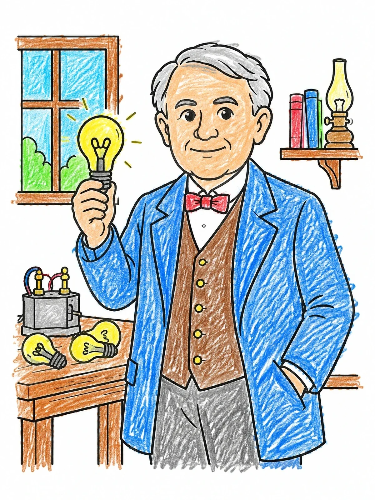 Colored example of the Thomas Edison With Glowing Lightbulb coloring page