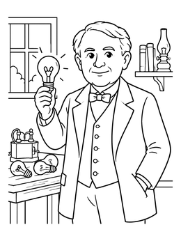 Free printable Thomas Edison With Glowing Lightbulb coloring page