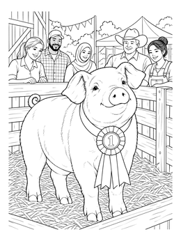 An iowa coloring page featuring a prize-winning champion pig wearing a first place ribbon at a county fair.