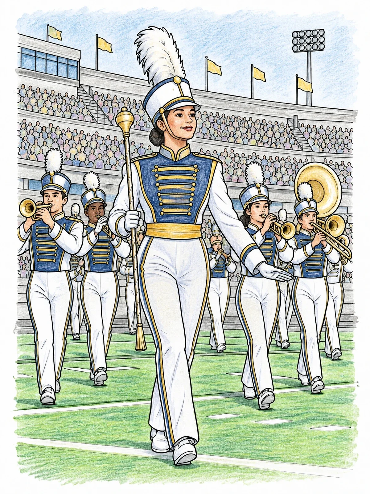 Colored example of the Marching Band Drum Major In Stadium coloring page