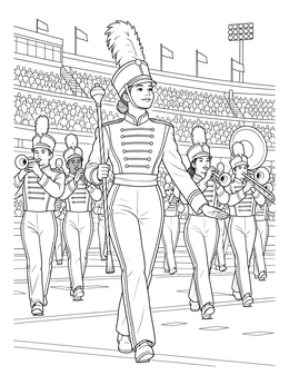 A drum major leads musicians across the field in this realistic Iowa coloring page.
