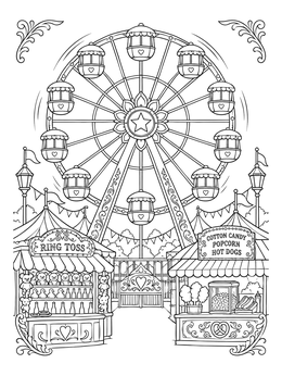 A festive carnival midway with a Ferris wheel and food booths in this detailed Iowa coloring page.