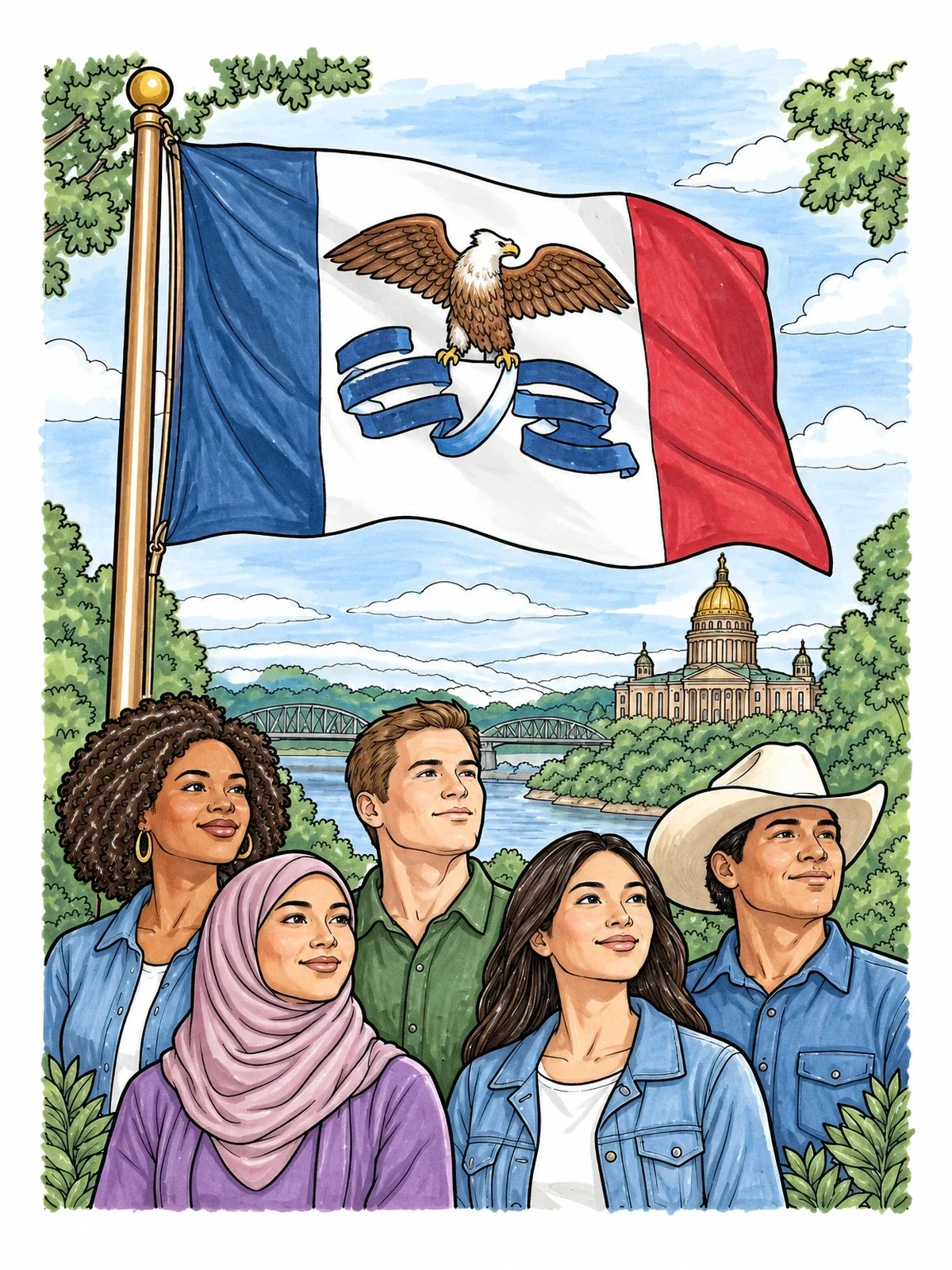 Colored example of the Iowa State Flag With Diverse People coloring page