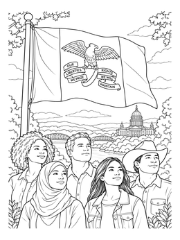 A group of people standing before the Iowa state capitol and flag in this Iowa coloring page.