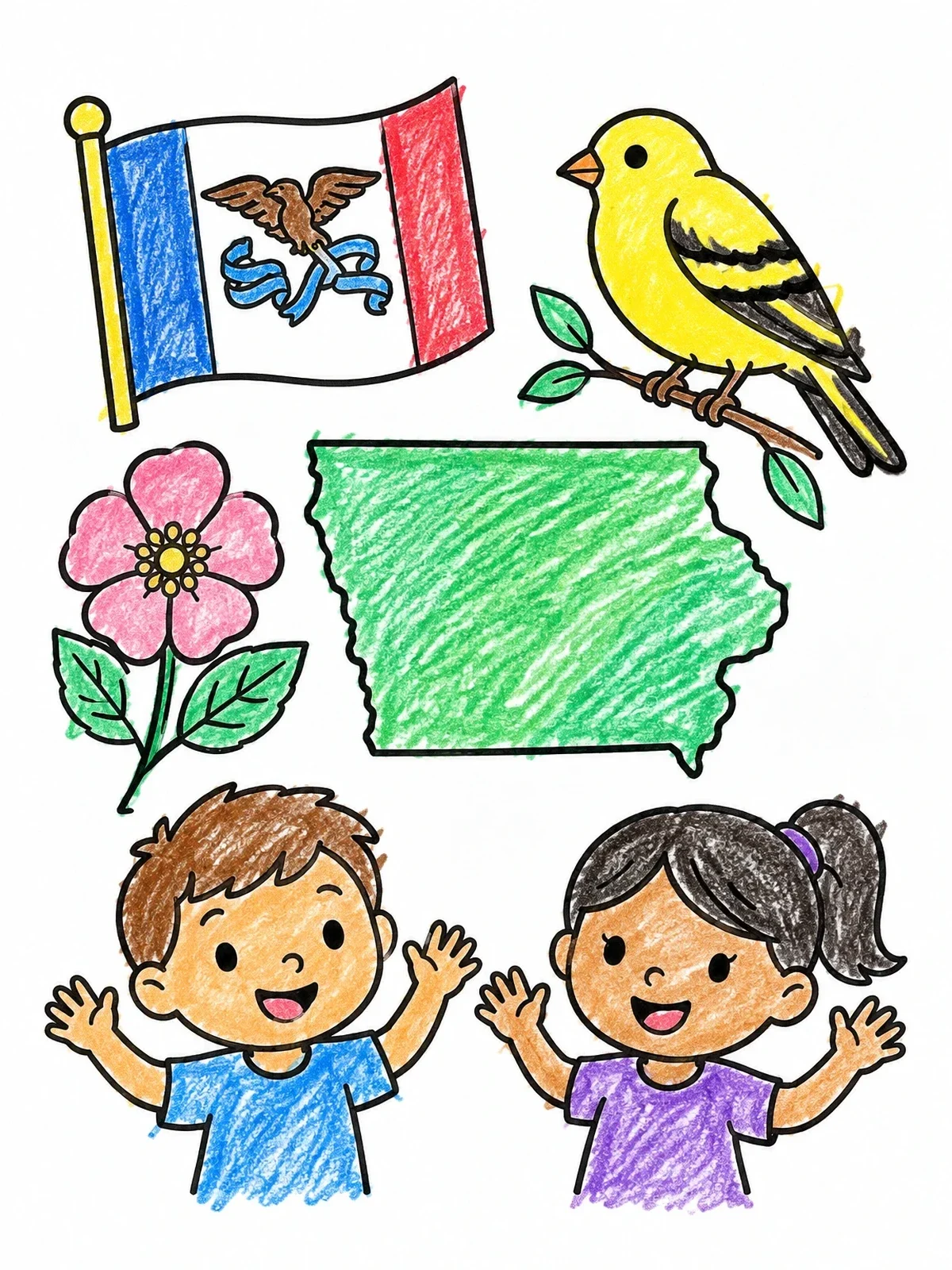 Colored example of the Iowa State Symbols With Happy Children coloring page
