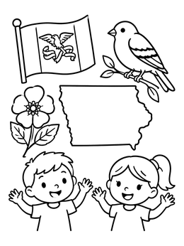 Free printable Iowa State Symbols With Happy Children coloring page