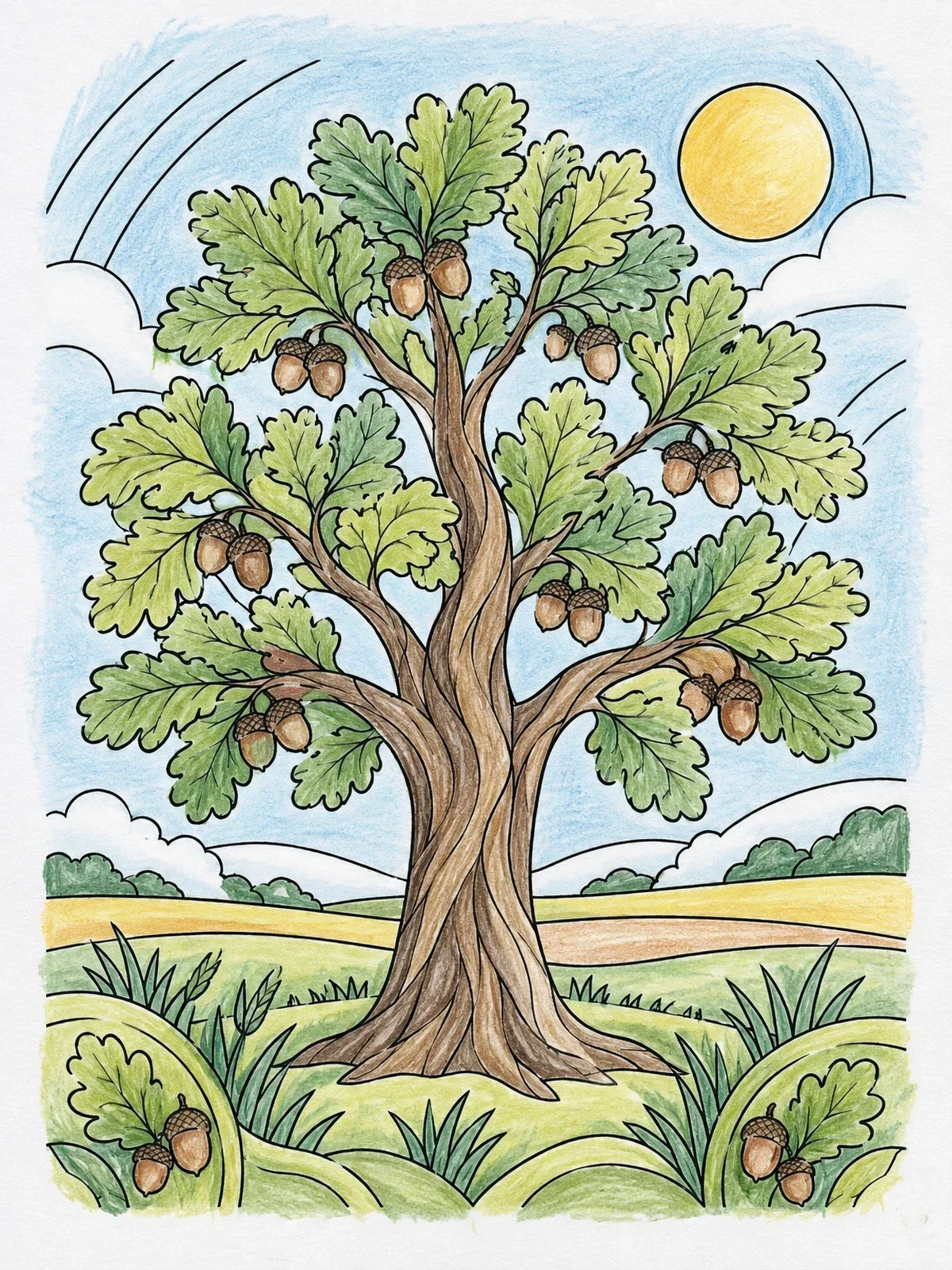 Colored example of the Iowa State Tree Bur Oak coloring page