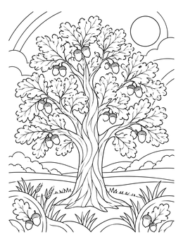 A mighty bur oak with acorns in this iowa coloring page featuring rolling hills and sunny sky.