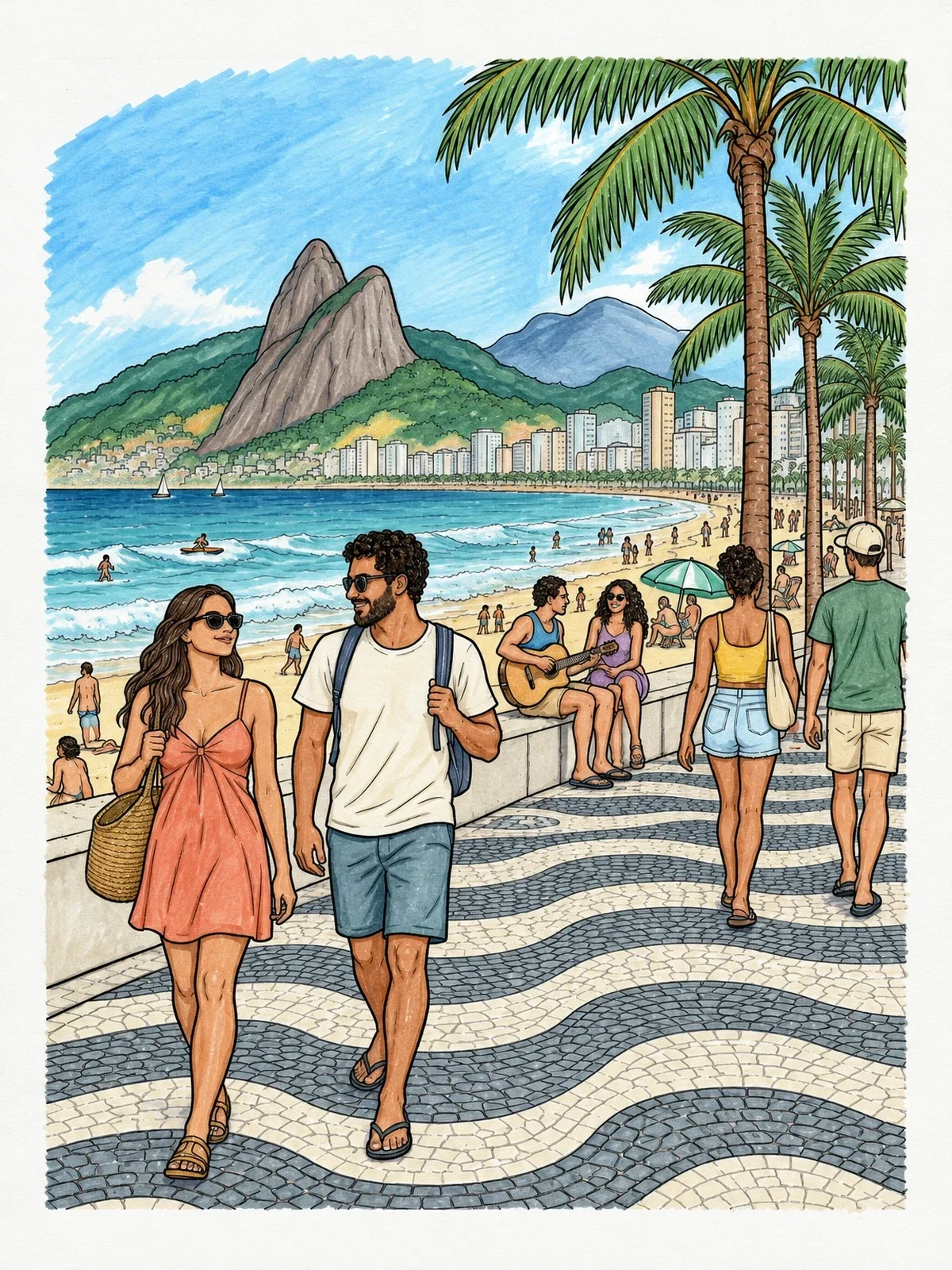 Colored example of the Ipanema Beach Boardwalk Promenade coloring page