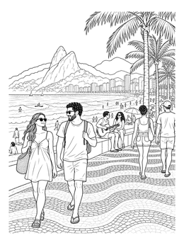 Strollers on a boardwalk beside the ocean in this detailed rio coloring page.