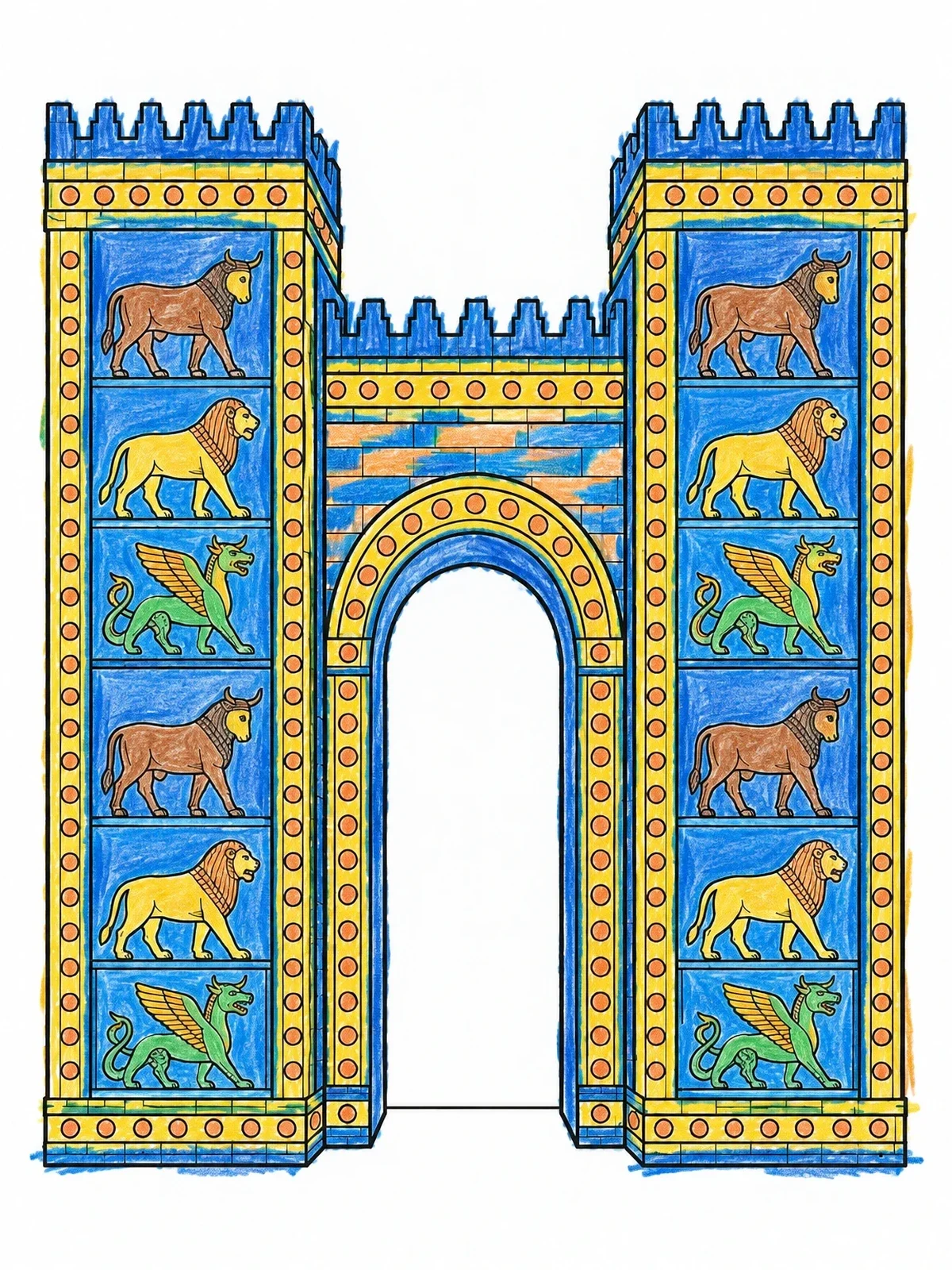 Colored example of the Ancient Ishtar Gate Of Babylon coloring page