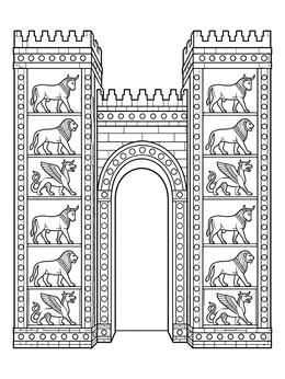 Babylonian archway in an iraq coloring page featuring rows of ancient lions, bulls, and dragons.