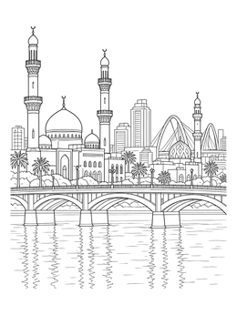 Baghdad riverfront and mosque skyline featured in this iraq coloring page.