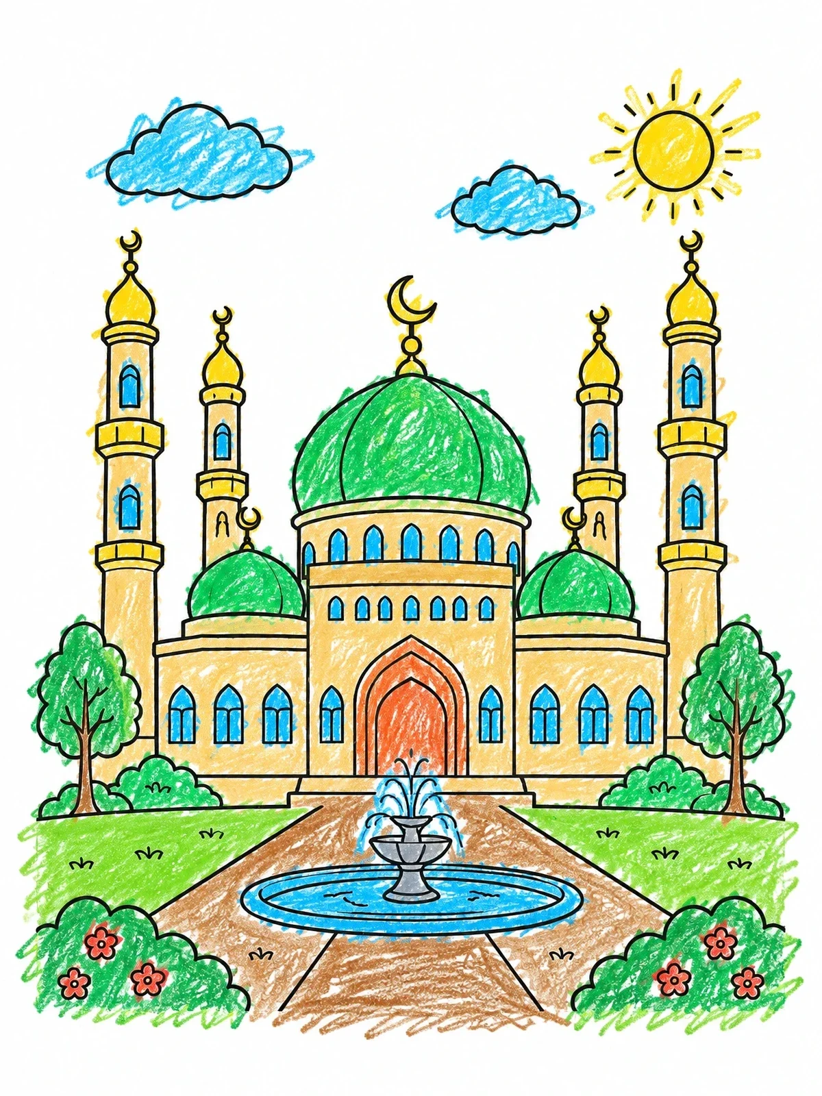 Colored example of the Majestic Mosque With Courtyard Fountain coloring page