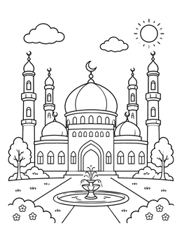 Free printable Majestic Mosque With Courtyard Fountain coloring page
