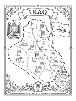 Detailed map layout in this iraq coloring page featuring major cities and national symbols.