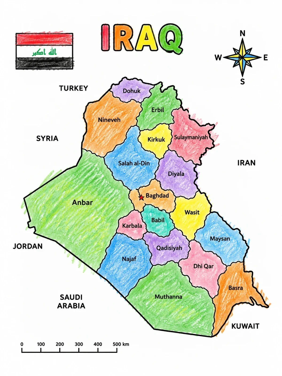 Colored example of the Political Map Of Iraq With Provinces coloring page