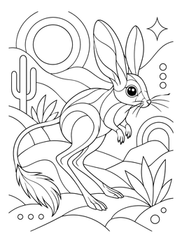 Stylized jerboa in a desert setting on this iraq coloring page.