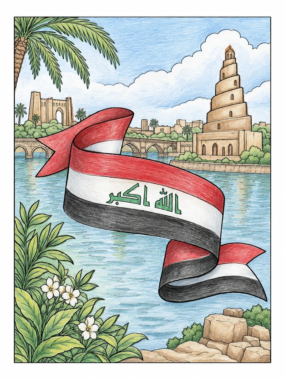 Colored example of the Iraqi Flag Ribbon And Landmarks coloring page
