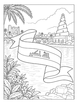 An iraq coloring page featuring the Malwiya Minaret of Samarra and a ribbon with the Iraqi flag.