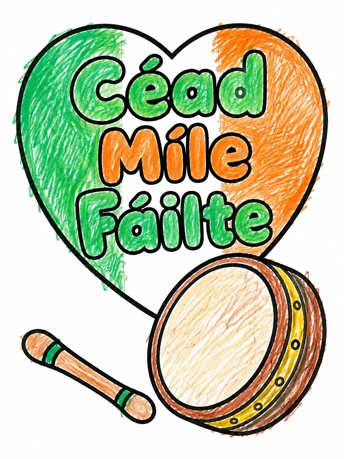Colored example of the Irish Bodhran Drum And Irish Greeting coloring page