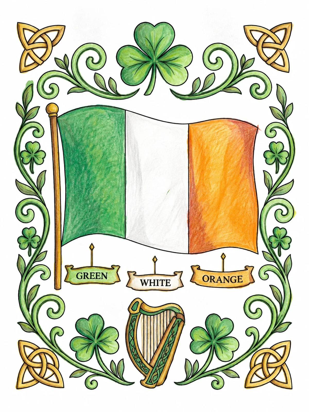 Colored example of the Irish Flag With Celtic Border coloring page