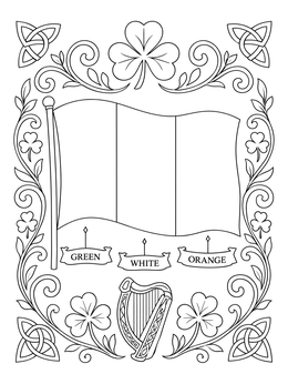 An ornate ireland coloring page featuring the Irish flag, shamrocks, Celtic knots, and a harp.