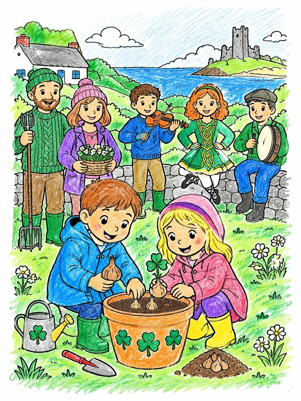 Colored example of the Irish Garden Shamrocks And Music coloring page