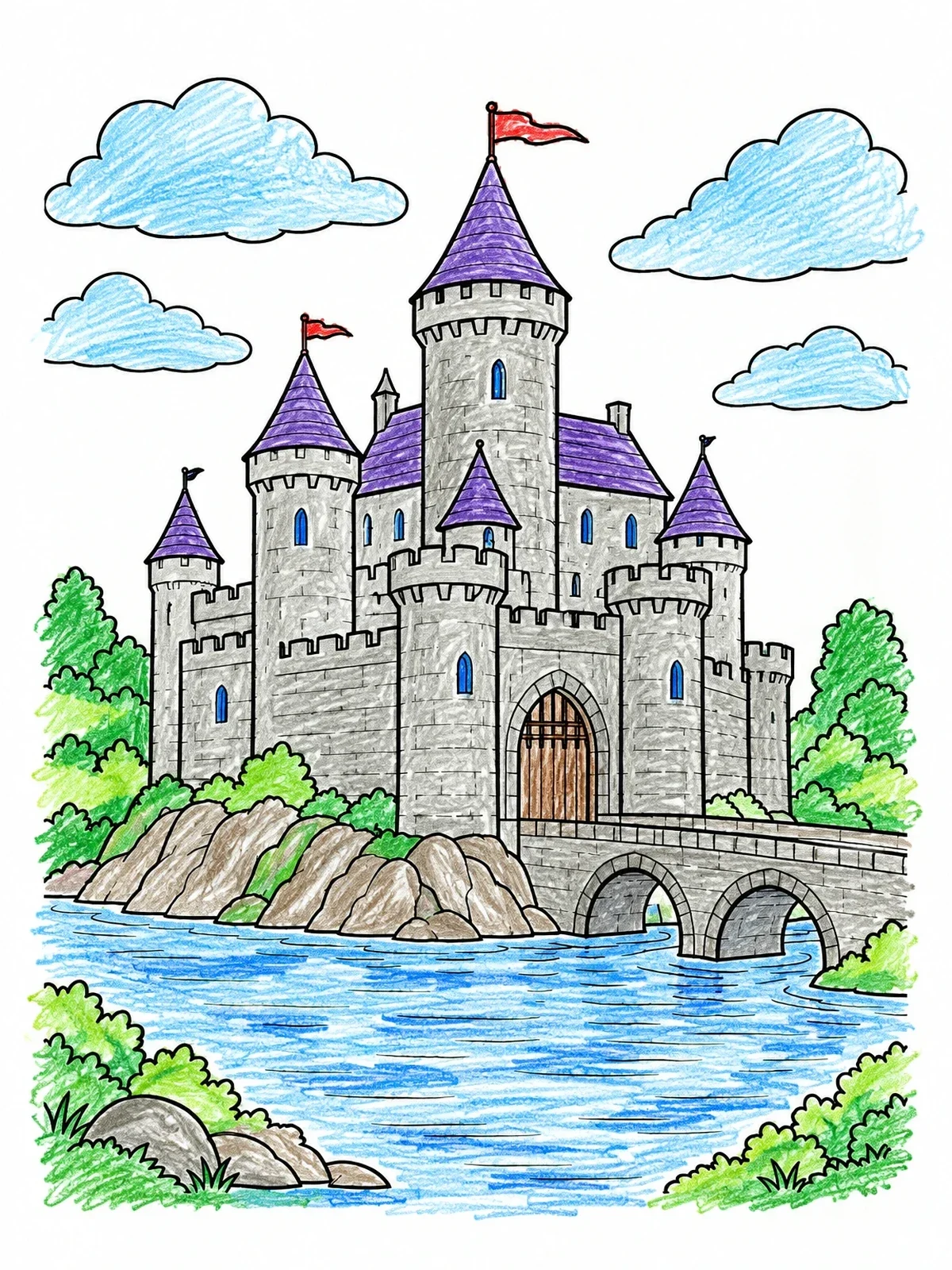 Colored example of the Stone Castle By The River coloring page