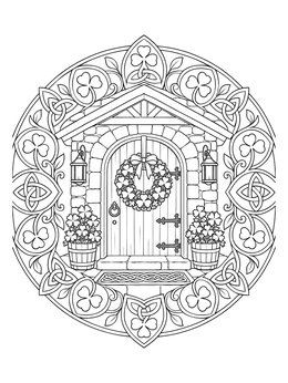An intricate shamrock coloring page featuring an Irish cottage door with a shamrock wreath inside a Celtic mandala frame.