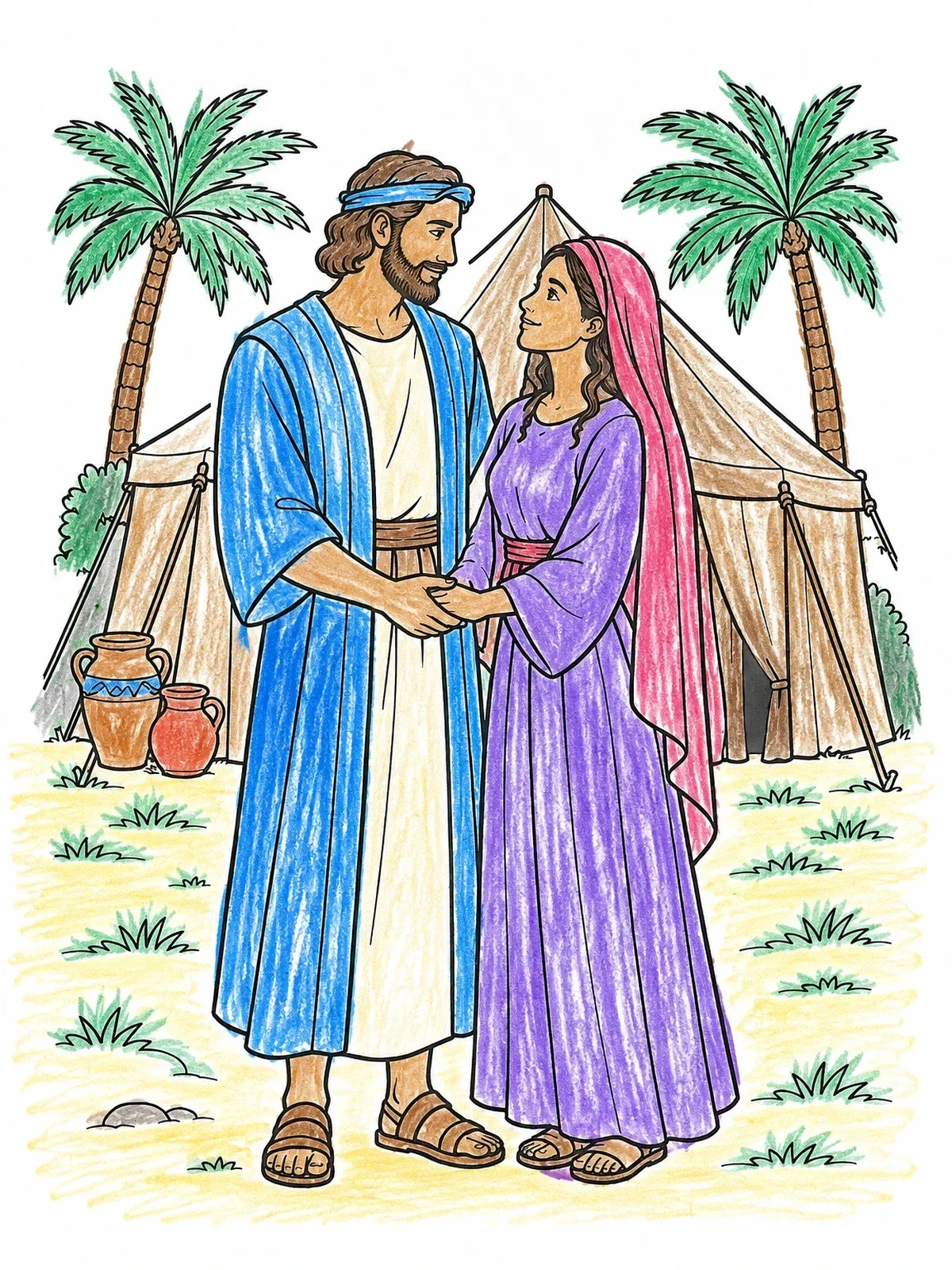 Colored example of the Isaac And Rebekah By The Tent coloring page