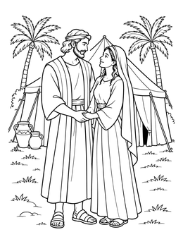 A serene isaac and rebekah coloring page showing the couple holding hands before a biblical tent.