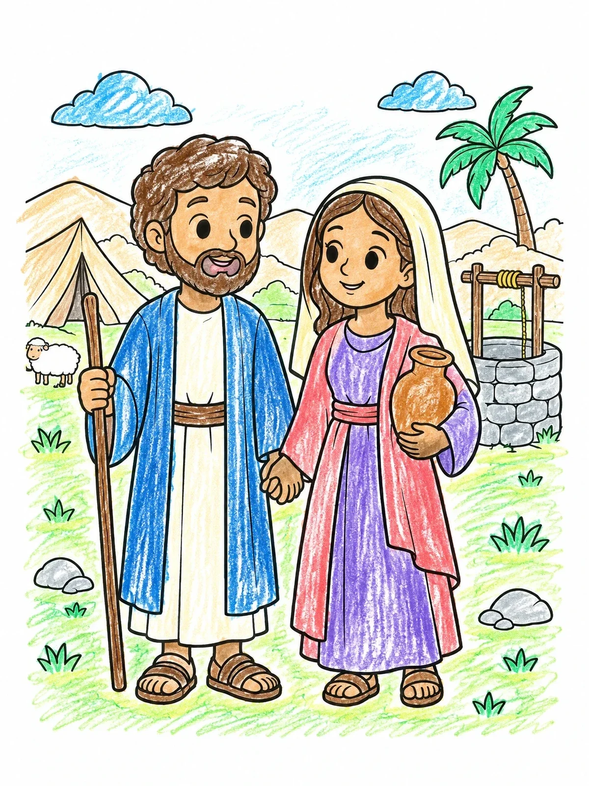 Colored example of the Isaac And Rebekah By The Well coloring page