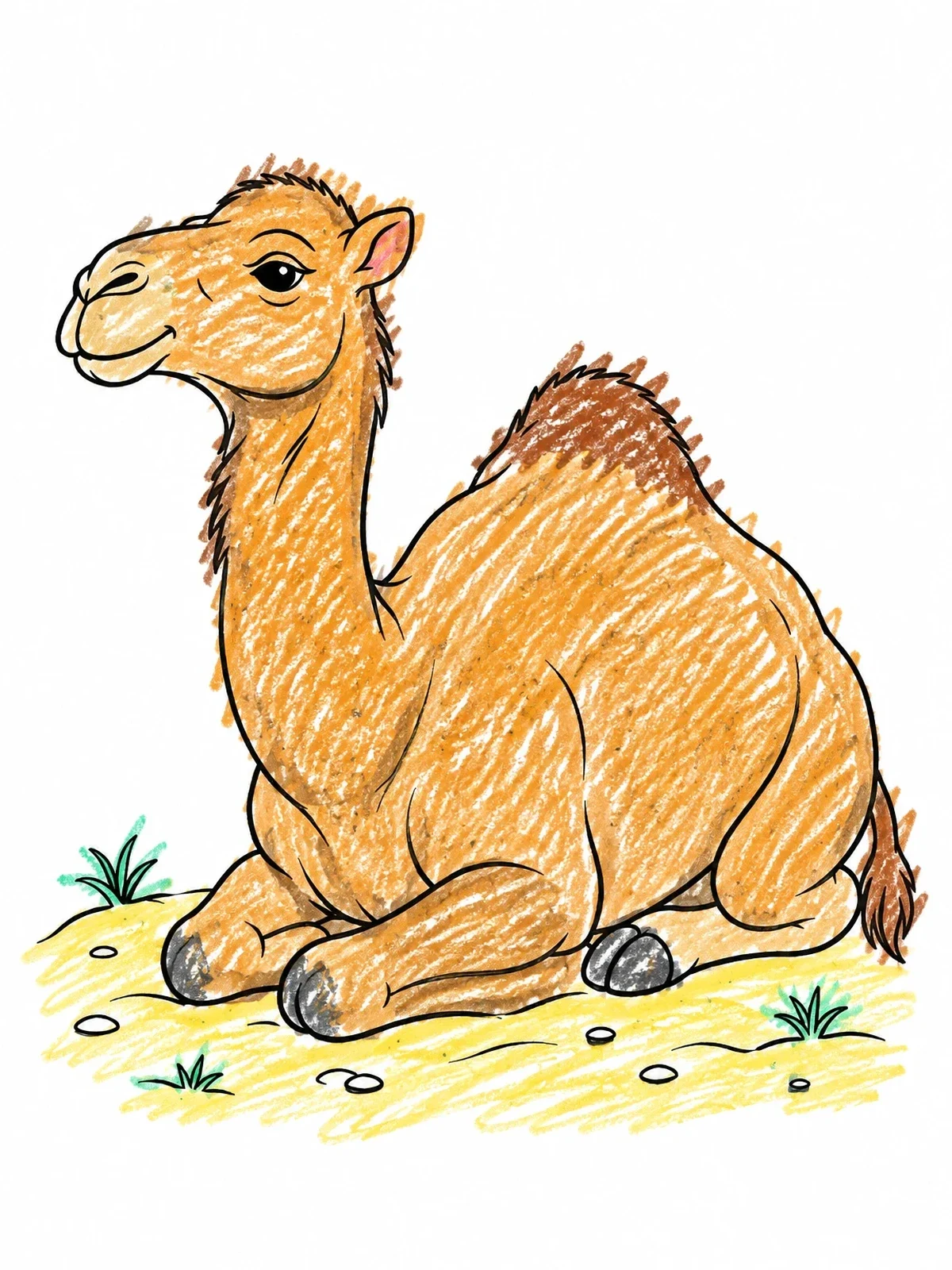 Colored example of the Calm Kneeling Dromedary Camel coloring page