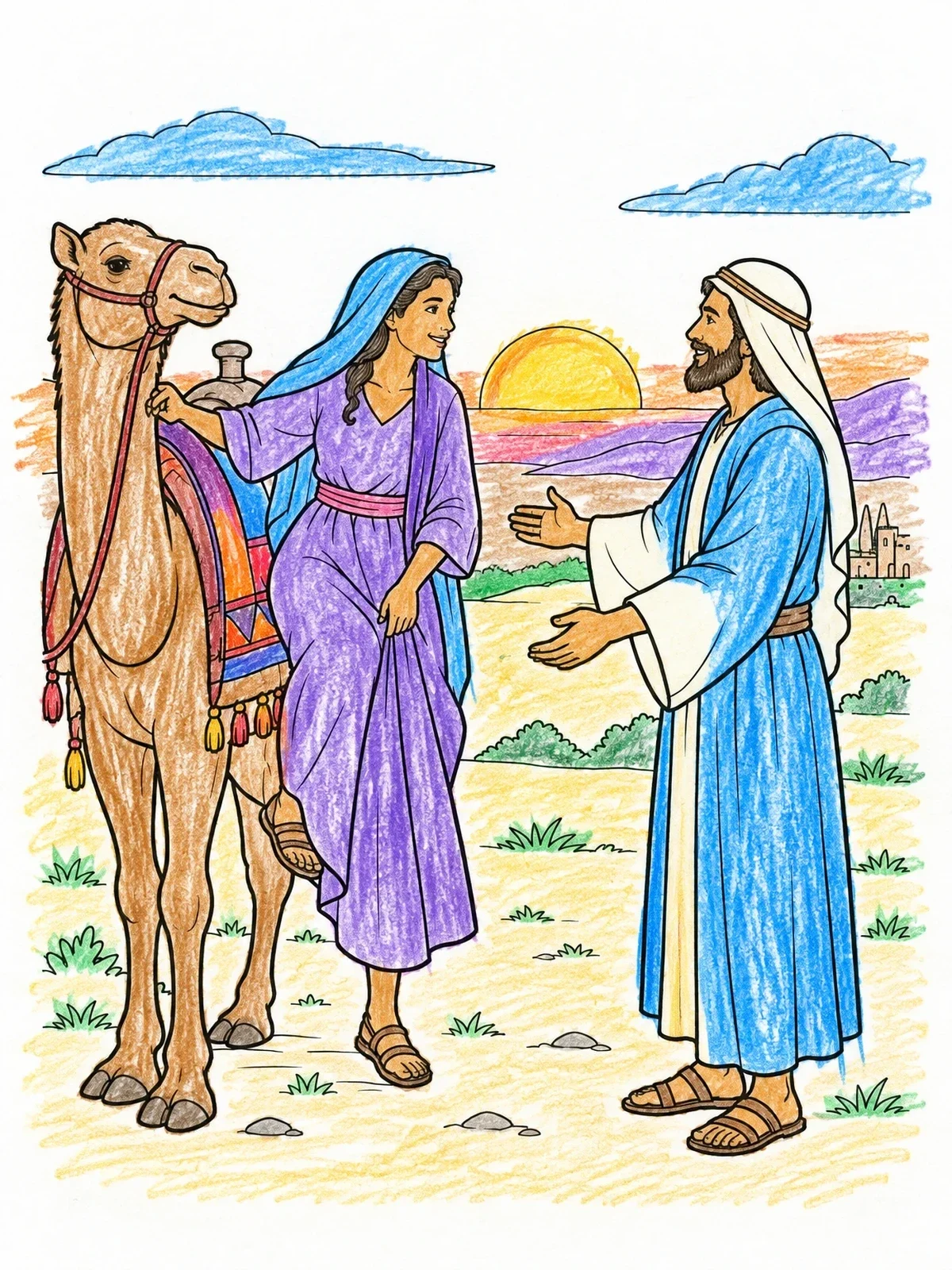 Colored example of the Rebekah Greeting Isaac By Camel coloring page