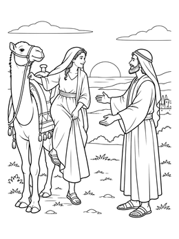 An isaac and rebekah coloring page showing Rebekah arriving on a camel to meet Isaac at sunset.