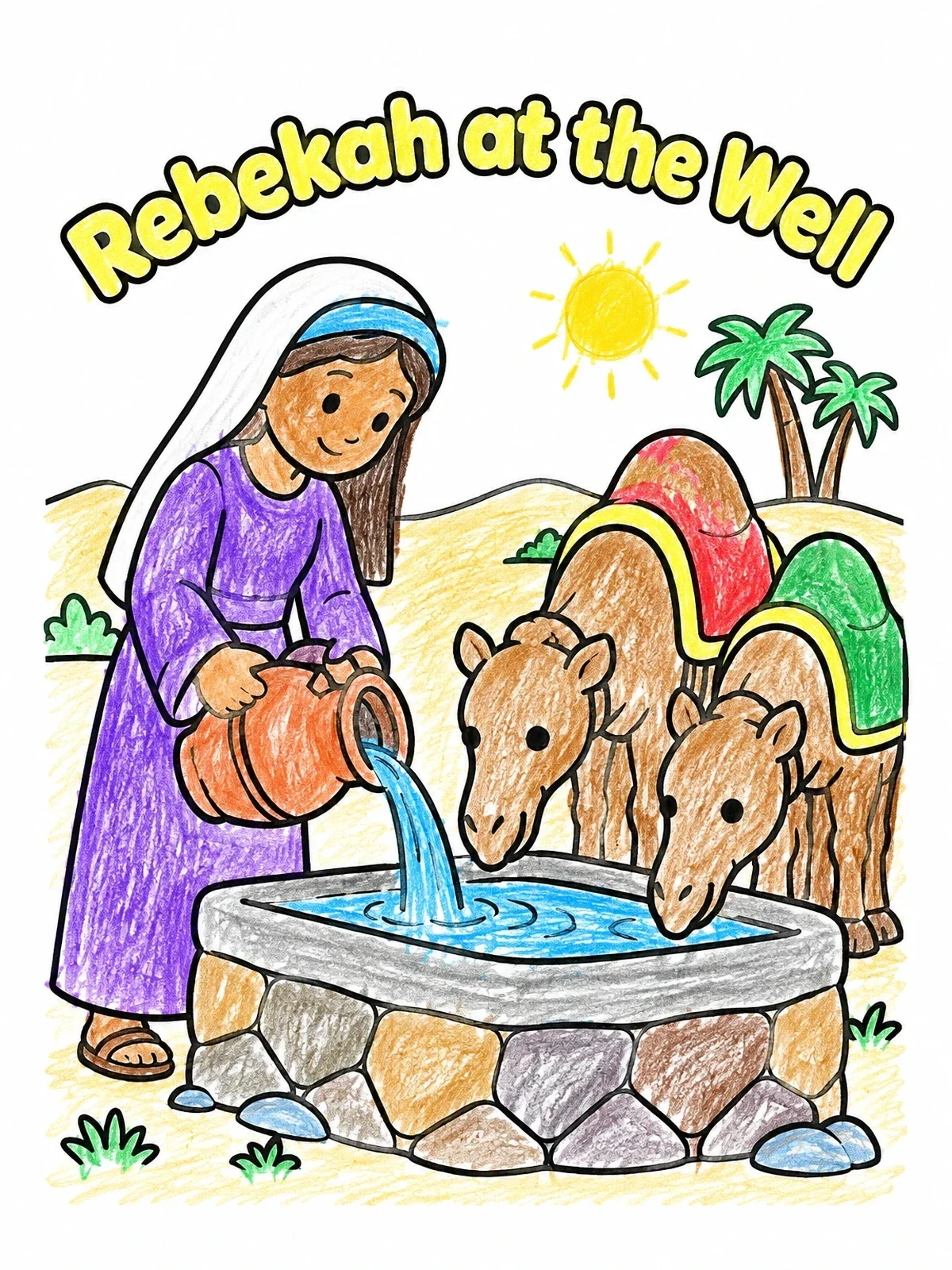 Colored example of the Rebekah At The Well With Camels coloring page