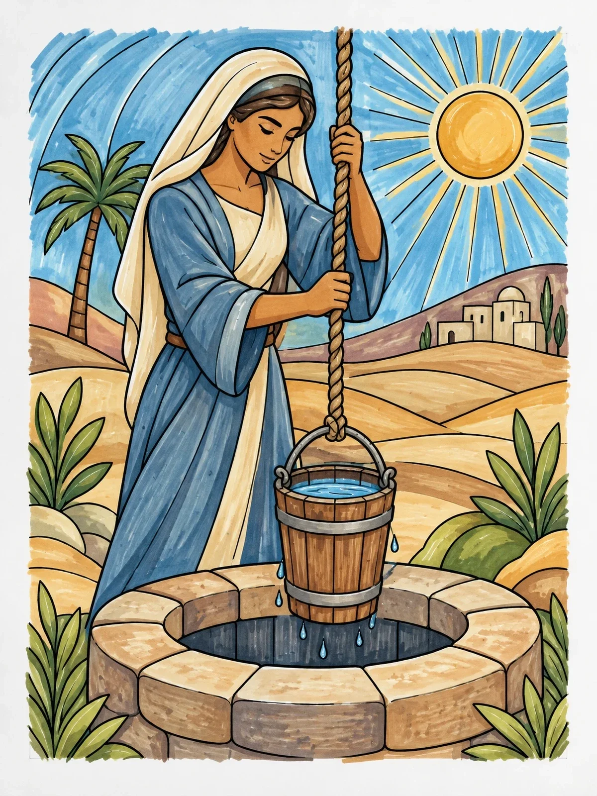 Colored example of the Rebekah Drawing Water At The Well coloring page