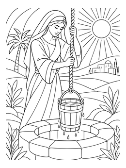 Detailed isaac and rebekah coloring page showing Rebekah pulling a full water bucket from a stone well.