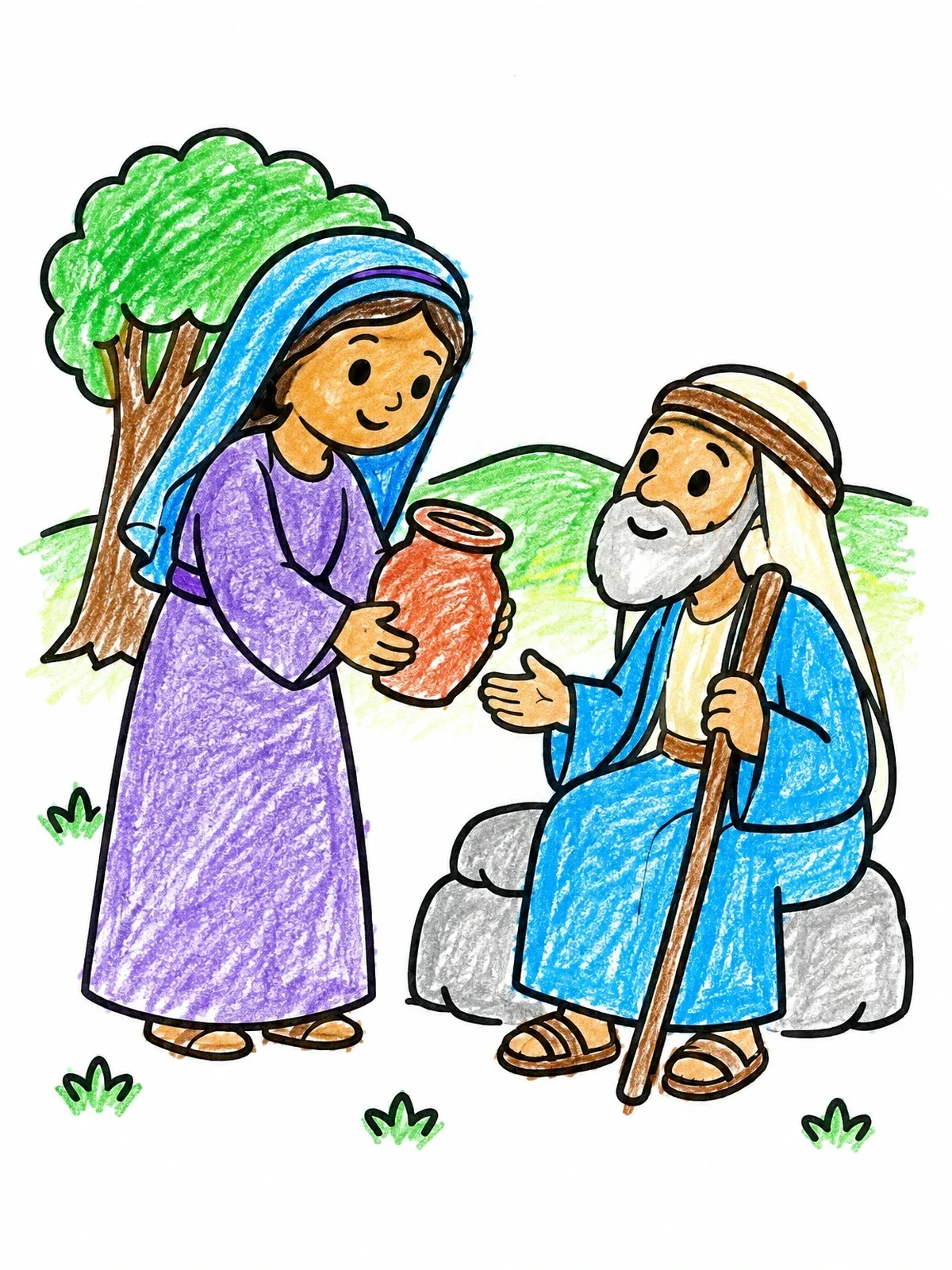 Colored example of the Rebekah Offering Water To Eliezer coloring page