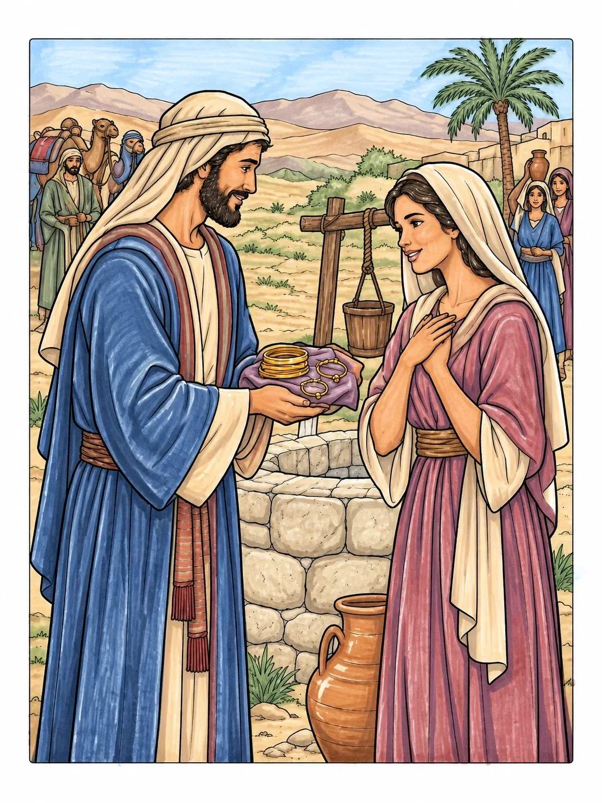 Colored example of the Rebekah Receiving Gifts At The Well coloring page