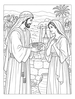 This detailed isaac and rebekah coloring page shows Eliezer presenting jewelry to Rebekah beside a stone well.