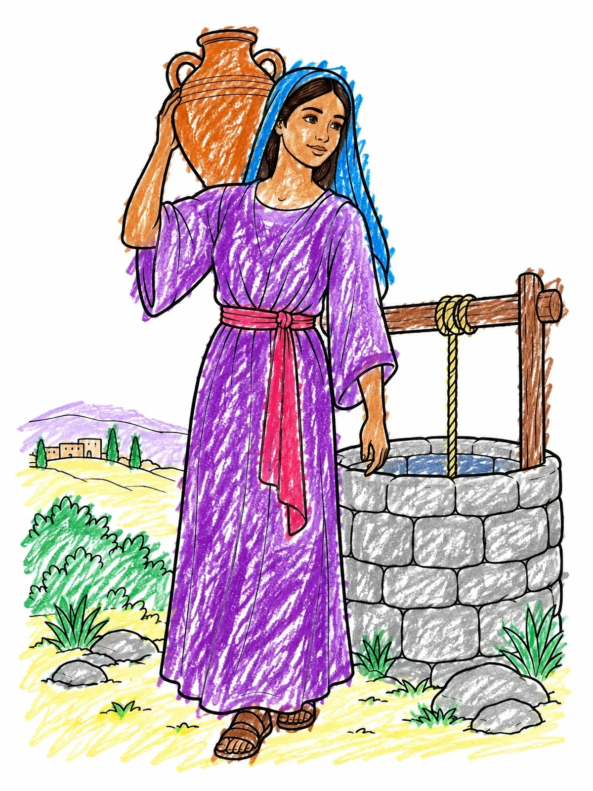 Colored example of the Rebekah With Water Jug At Well coloring page