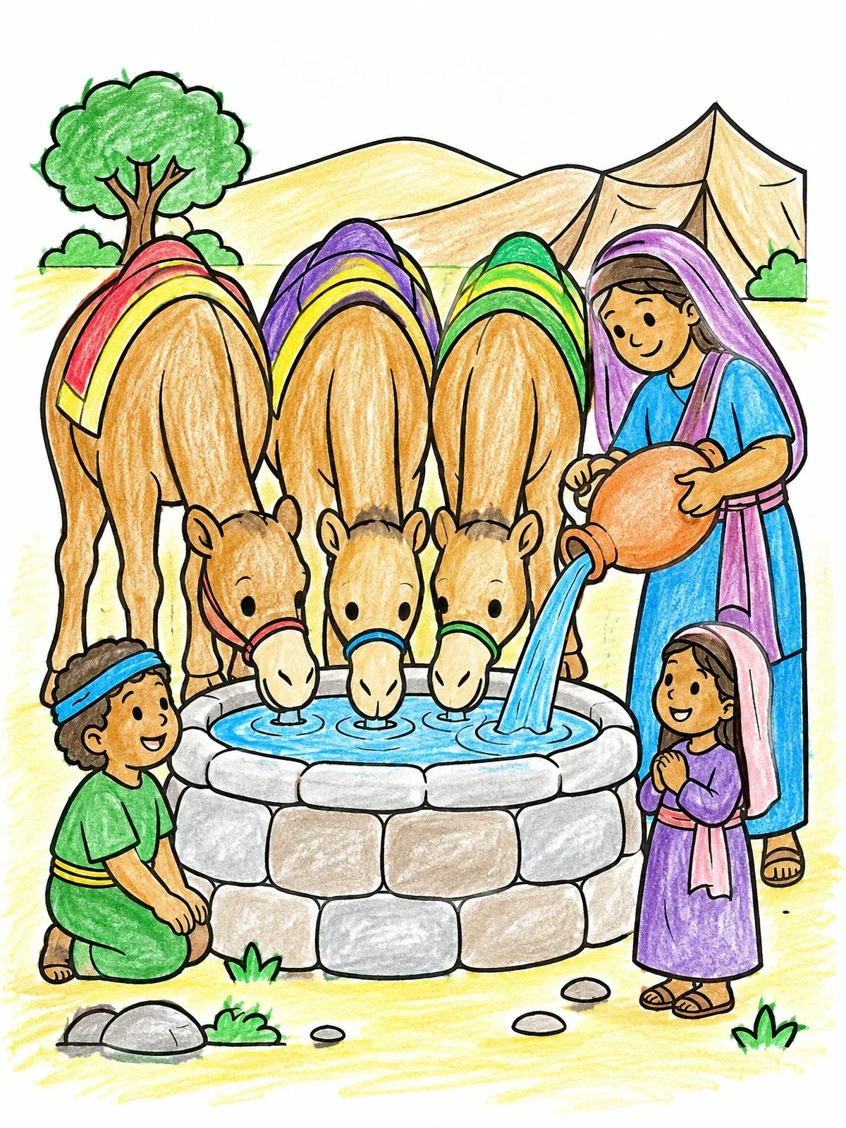Colored example of the Rebekah Watering Camels At The Well coloring page