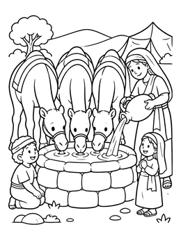 Free printable Rebekah Watering Camels At The Well coloring page