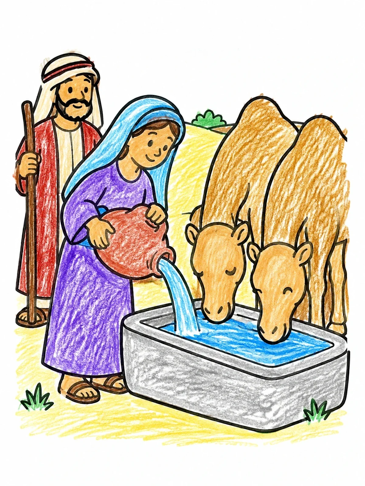 Colored example of the Rebekah Watering The Camels coloring page
